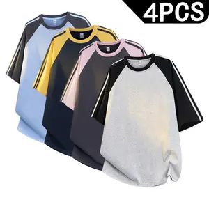 [ Summer Atmosphere ] Men's American Retro Color blocked Shoulder Sleeve T-shirt in Summer Loose, Casual, Fashionable, Skin friendly and Breathable, ersatile Color blocked Shoulder Sleeve T-shirt 4PCS Value Combination