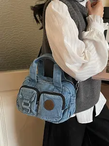 2026 Fashionable Vintage Denim Tote Bag, Stylish Spacious Casual Crossbody Handbag for Work Commute, Adjustable Strap Satchel