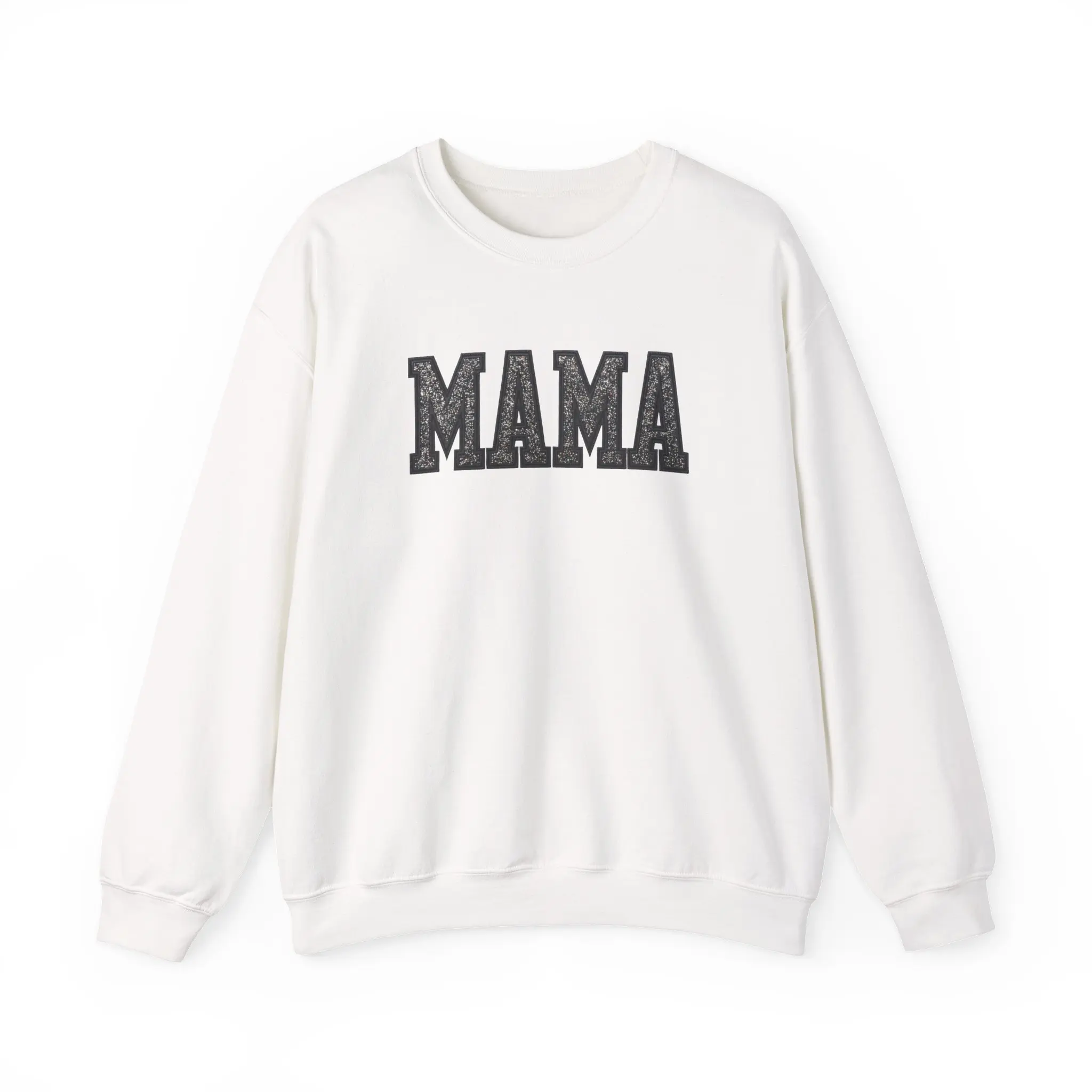 Men's MAMA DTG Crewneck Pullover Sweatshirt - Mom Themed Faux Glitter, Casual Tops, Smooth Garment with Ribbed Details, Embroidered, Fit, Comfortable, Cotton