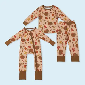 Thanksgiving turkey design kids girls long sleeve pajama set