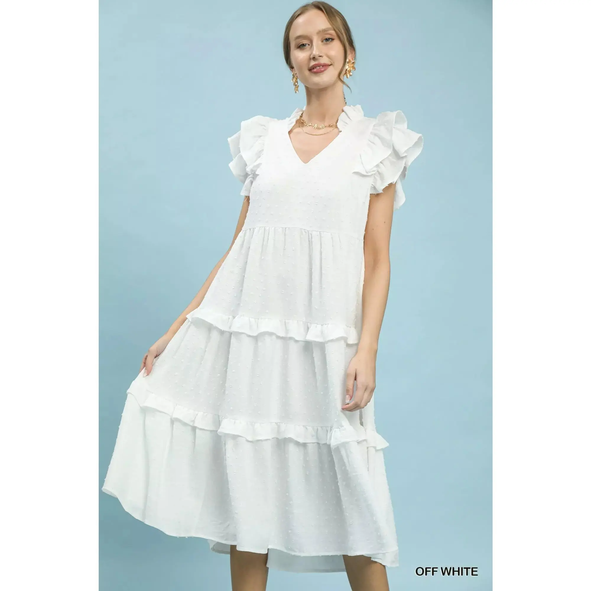 Umgee Textured Ruffle Sleeve Tiered Midi Dress