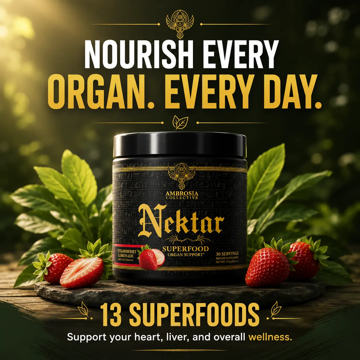 Ambrosia Nektar Superfood Powder | Plant-Based Greens Blend | 13 Superfood Ingredients | Daily Powder Formula | 30 Servings