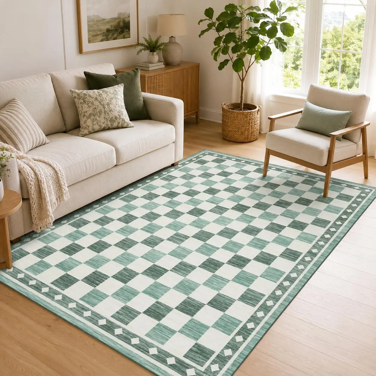 6x9 Checkered Area Rug, Washable Non-Slip Low Pile Carpet, Green | Modern Checkered Design, Soft Low Pile Comfort, Non-Slip & Secure Backing, Easy Cleaning & Maintenance