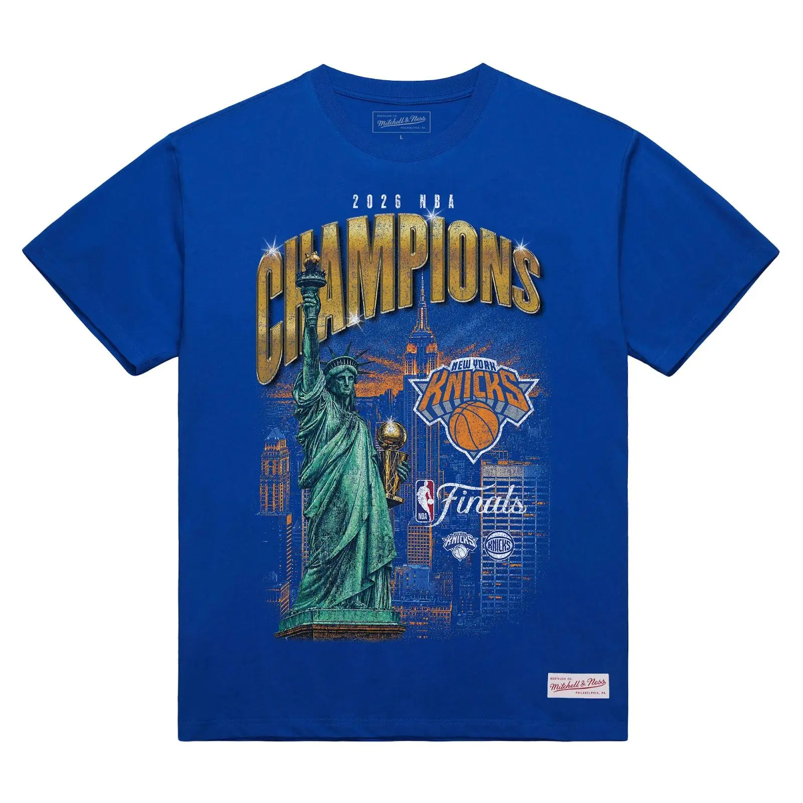 New York Knicks Blue 2026 NBA Finals Champions City T-Shirt Throwback Tee Graphic Vintage Fan Gear Mitchell & Ness
