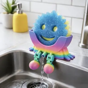 Cute Hanging Sponge Holder with Drainage and Feet, 3D Printed Abs Sponges for Sink Friendly Kitchen Countertop, Space Saving Cleaning System