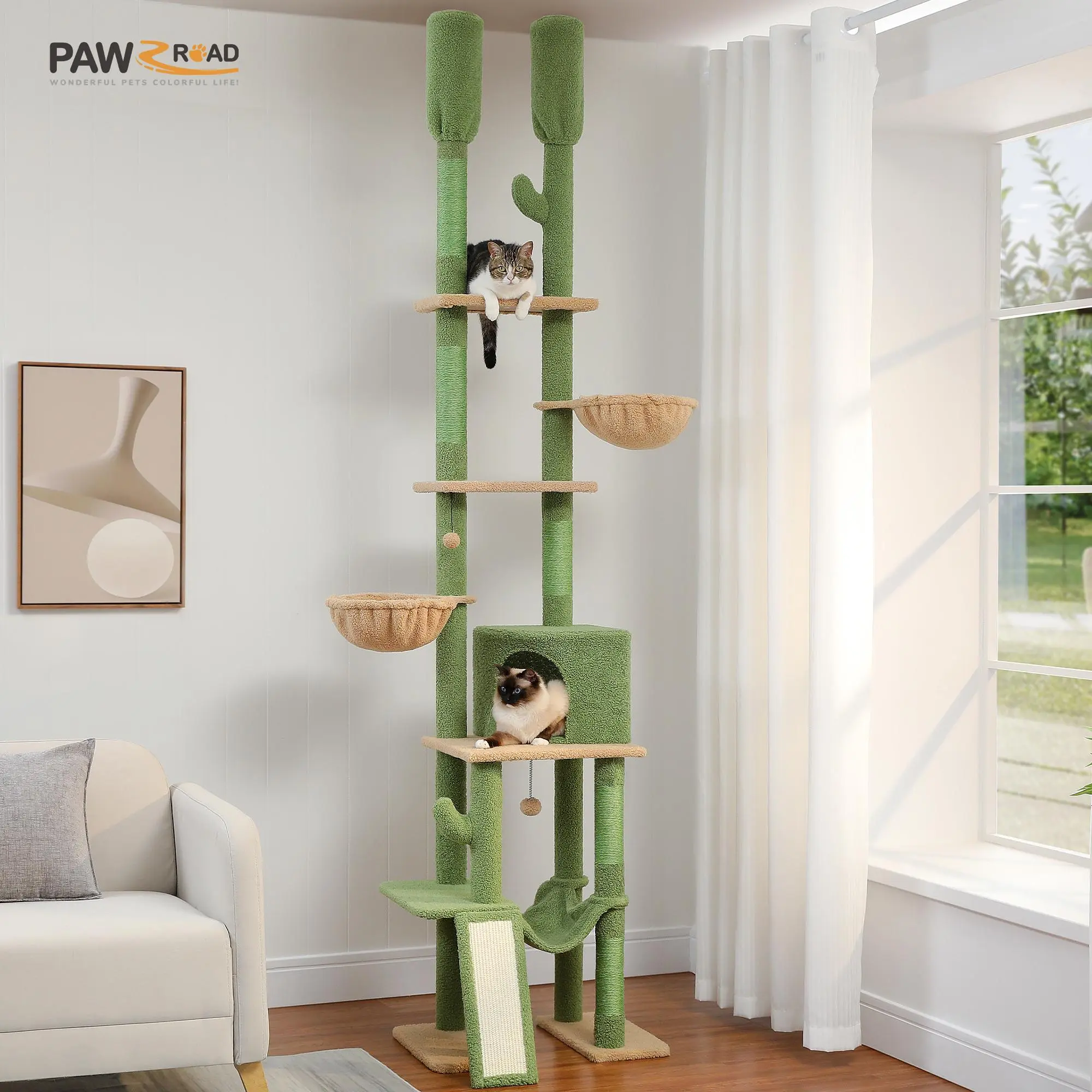 PAWZ Road Cactus Cat Tree Floor to Ceiling Cat Tower with Adjustable Height(87-112 Inches), 7 Tiers Cat Climbing Activity Center with Cozy Hammocks, 5 Platforms and Scratching Posts for Indoor Cats' Cat Tree#DealsForYouDays