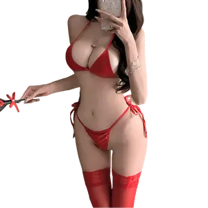 3-Piece Triangle Bra Set with Tie-Side Thong & Thigh High Stockings Red One Size XS-M Polyester Blend Comfortable Intimates