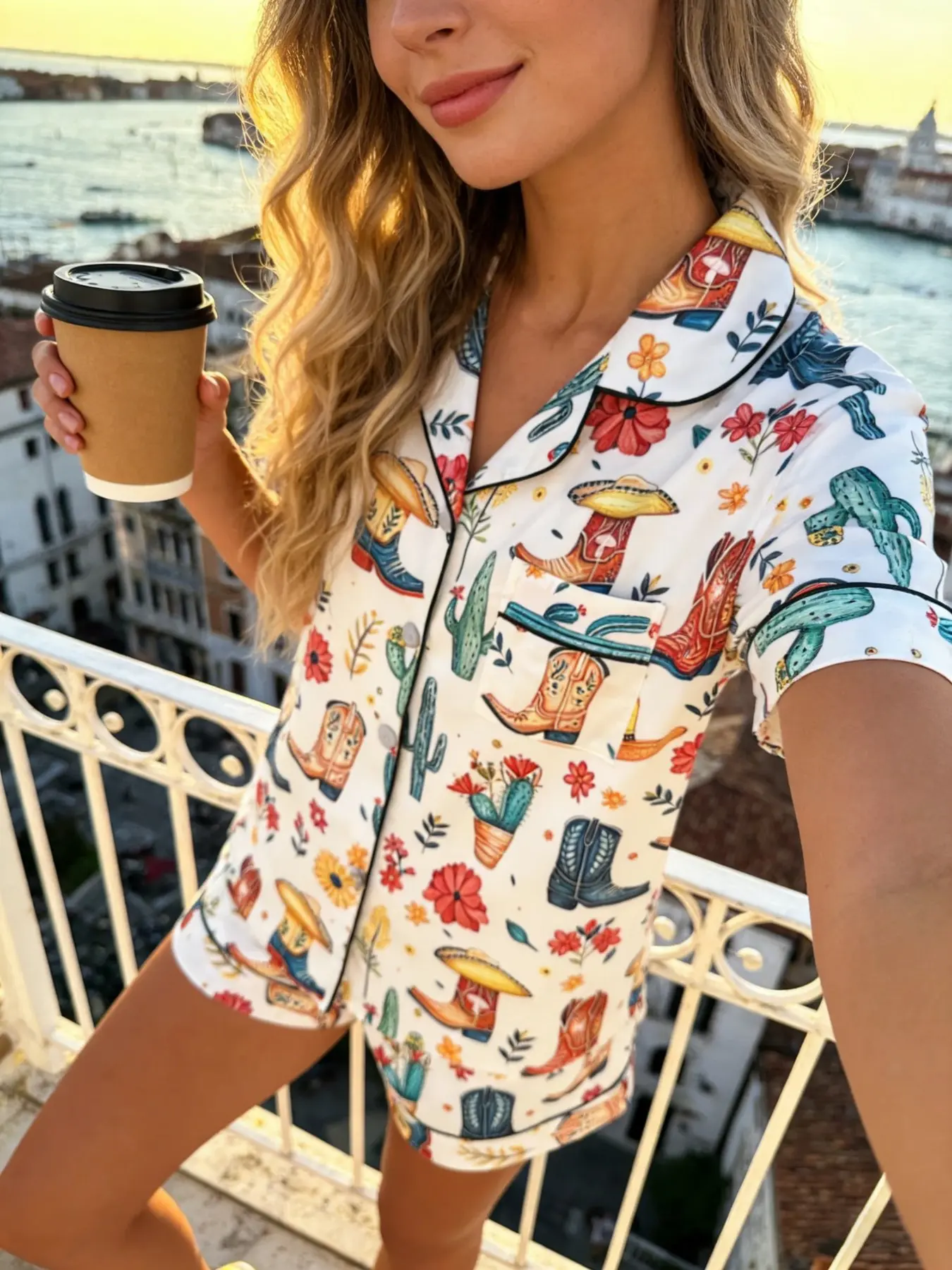 Women's Short Sleeve Shorts Cardigan Pajama Set, Pyjamas, Western Cowboy Hat Boots Cactus Full Print, Comfortable Breathable Casual Home Wear Loungewear Nightwear Pjs