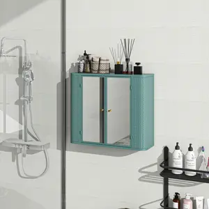 Army Green Wall-Mounted Bathroom Cabinet with Mirror, 2 Mirrored Doors & Open Shelf, Farmhouse Metal Frame Storage Cabinet with Open Compartment for Vanity, Toilet & Over-the-Sink   WL