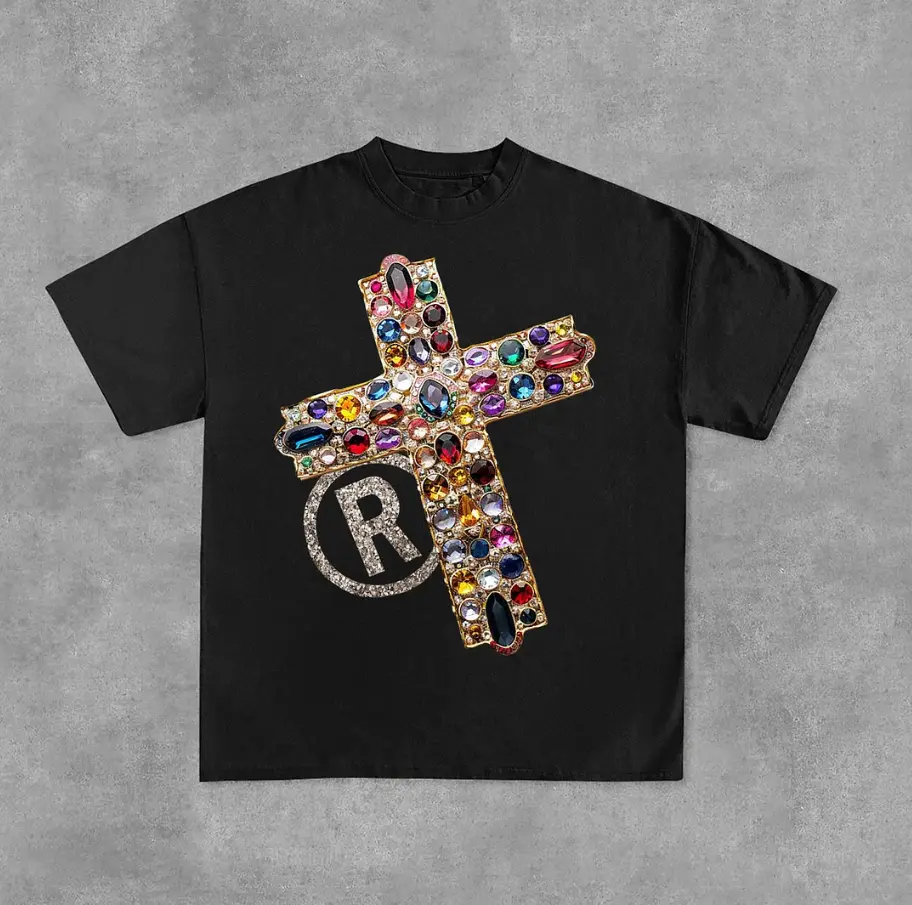 Diamond Cross Graphic Y2k Fashion Streetwear Print Casual Cotton T-Shirt