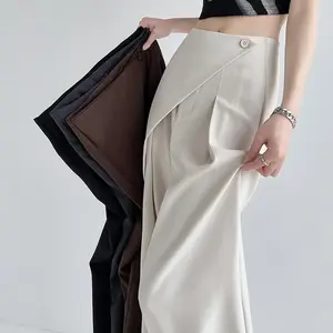 Minimalist Commuting Suit Pants with Irregular Splicing Design Straight Leg Wide Leg Pants Loose Street Pants