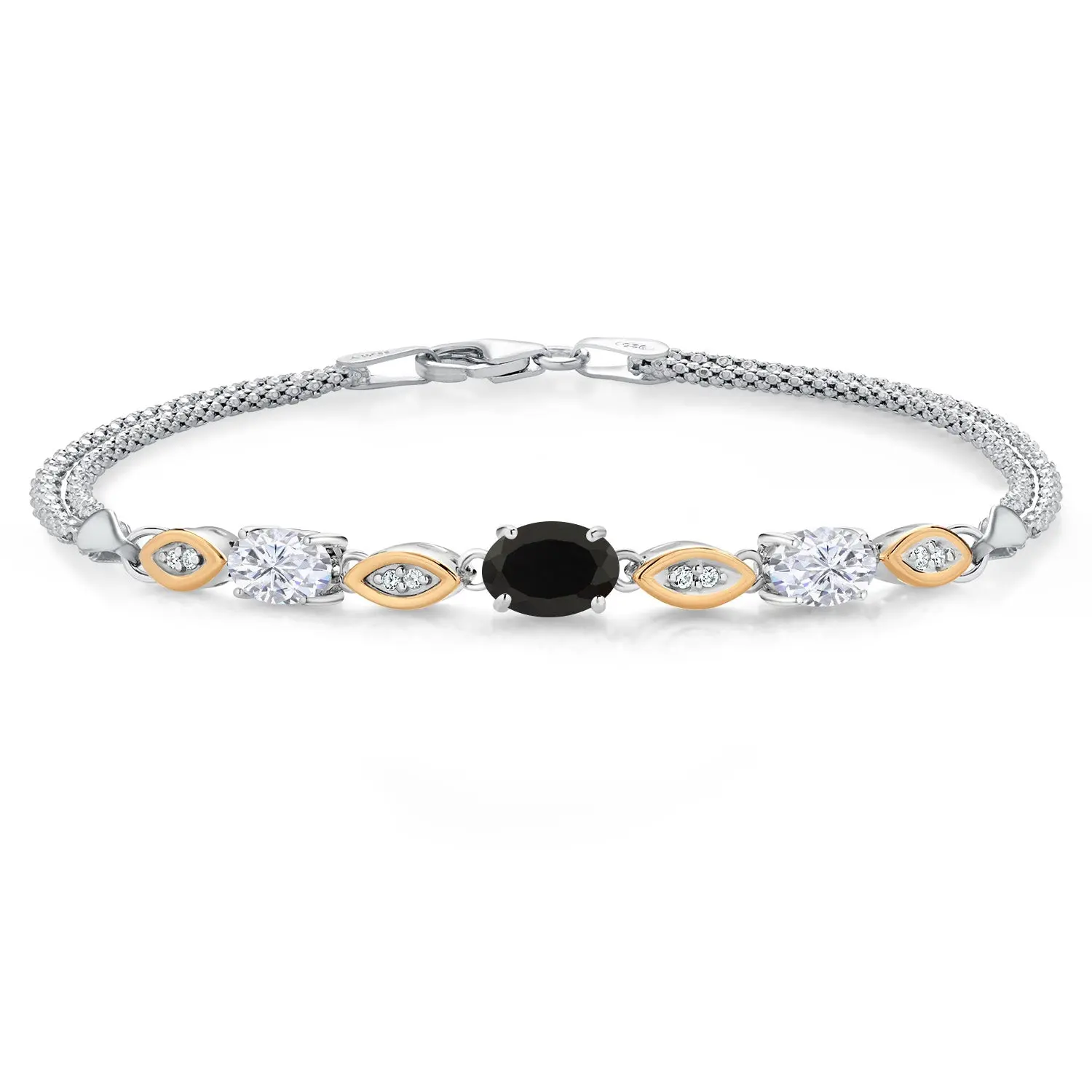 925 Silver and 10K Yellow Gold Black Onyx White Moissanite and White Lab Grown Diamond Bracelet For Women (1.76 Cttw, Gemstone Birthstone, Oval, Wheat Chain, 6.5/7/7.5 Inches)