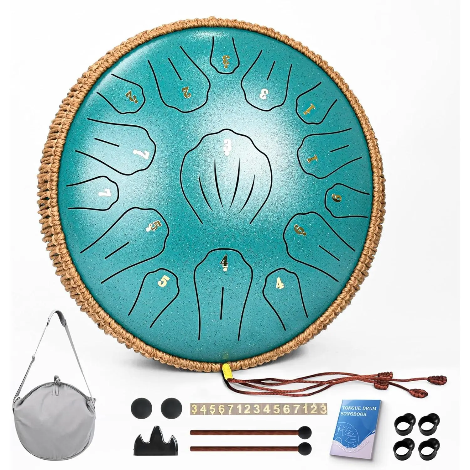 13-Inch Multifunction Titanium C Major Steel Tongue Drum, 15-Note Percussion Instrument for Adults, Malachite Green, Environmentally Friendly, Easy to Learn, W/ Music Book, Drumsticks, Carry Bag, Covers 80% More Melodic Range