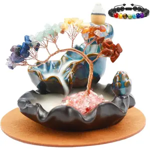 Chakras Crystal Tree Backflow Incense Burner - Waterfall Fountain Effect, Cone Incense Holder - Aesthetic Decor for Living Room Shelf