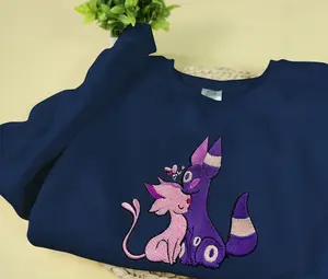 Umbreon Espeon Embroidered Sweatshirt Anime Embroidered Sweatshirt Gifts for Christmas Birthday Holiday Valentine Day, Vintage Retro Umbreon Cartoon Shirt, Casual Pokeball Shirt
