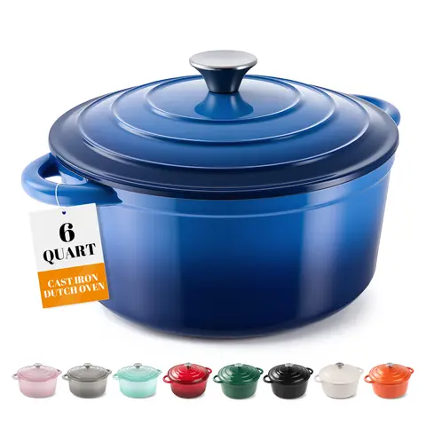 6QT Large Round Cast Iron Enameled Oval Dutch Oven Pot - Heavy-Duty, Non-Stick, Dual Handle, Bread Baking, Cooking, and Serving - Durable, Easy to Clean, Heat Retention, Versatile Cookware,Home Kitchen Essentials, Durable Kitchen Utensils