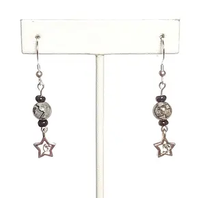 Gray Crazy Lace Agate and Petite Star Charm Earrings with Sterling Silver Hooks