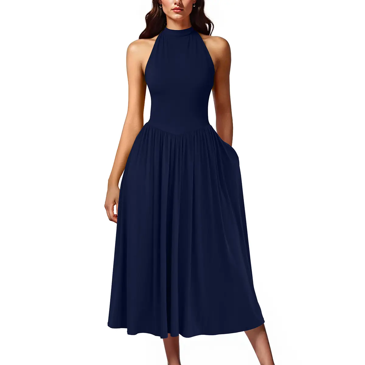 OYS Women's Casual Halter Neck Sleeveless Pleated Swing A-Line Midi Dress With  Pockets & Back Tie Design