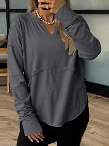 New Fashion Minimalist V-Neck Casual Comfortable Women's Plus Size Long Sleeve Top, Loose Fit Home Leisure Wear Womenswear