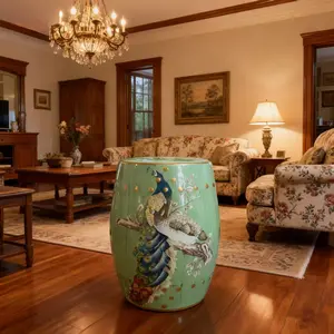18-Inch Glossy Yellow Ceramic Drum Stool - Classical Chinese Style Ornate Bird & Blossom Table Stool