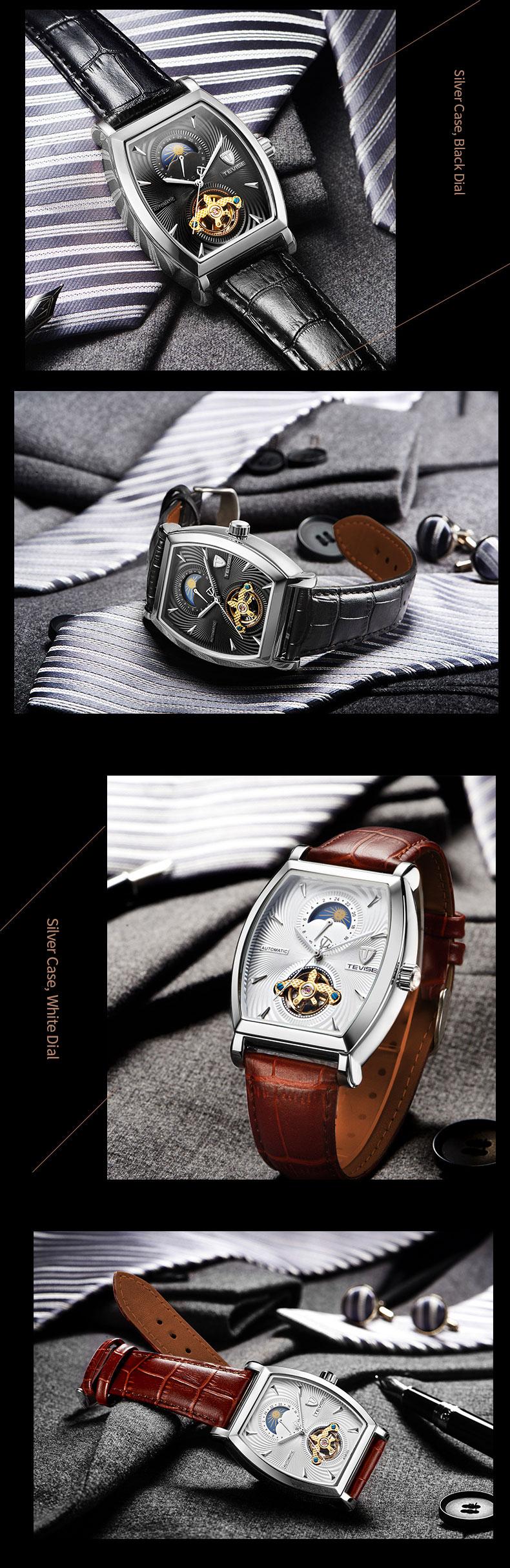 Luxury Men's Mechanical Watch, Tonneau Case, Moon Phase Dial, Genuine Leather Business Watch