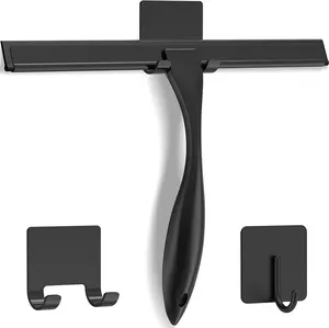 All-Purpose Stainless Steel Shower Squeegee for Shower Doors with 2 Adhesive Hooks, Bathroom Cleaner Tool Household Window Mirror Squeegee for Home Cleaning, Glass Door, Tile Wall, Car, 10 Inch Black Docrok