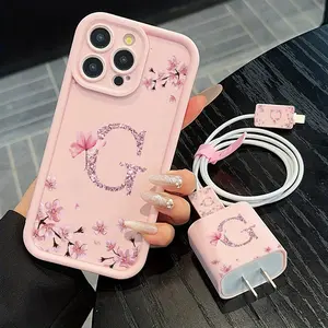 Flower Letter G Floral iPhone Case Set, Includes Charger Cover & Cable Protector, Anti-Drop Tpu Shell for iPhone Models, Perfect Gift