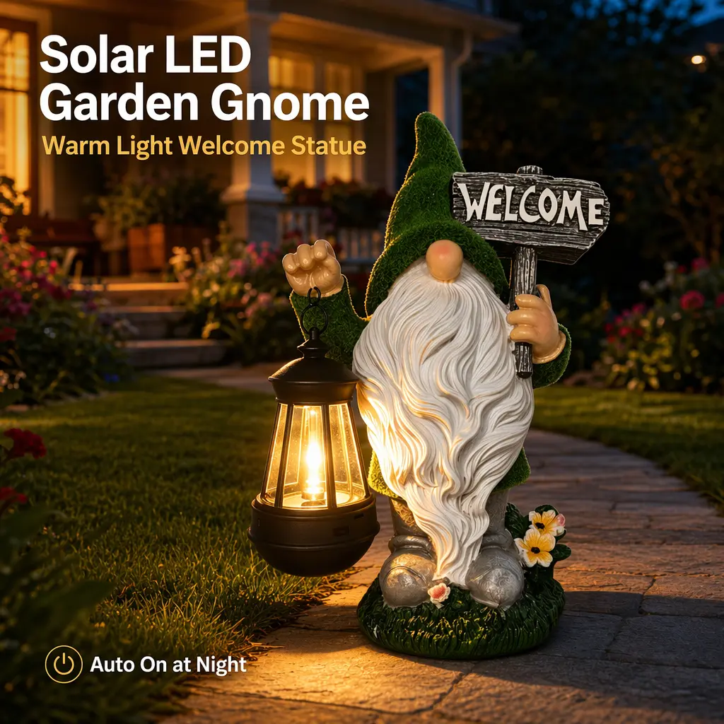11" LED Solar Light Welcome Sign   Resin  Garden Gnome - Funny Outdoor Decor, House Warming/Birthday Gift Ornament for Porch, Yard, Patio - Solar Lantern Statue