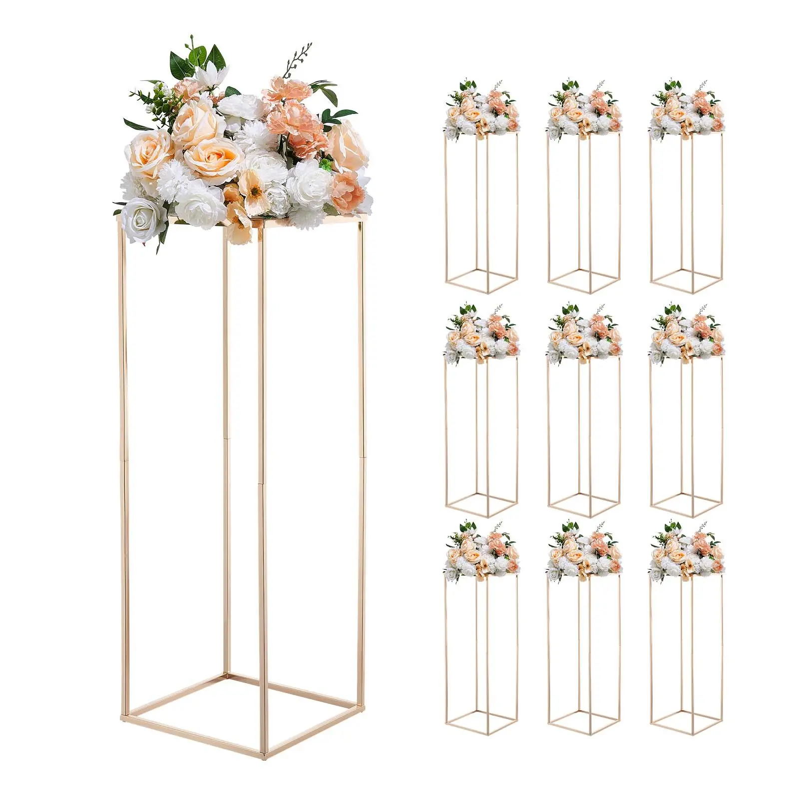 10PCS Classic Steel Gold Rectangle Wedding Flower Stands (31.5in), Metal Laminate Column Floral Racks, 15 kg Load, Sturdy, Easy Assembly for Wedding Decorations, Home Centerpieces, Festive Decoration Supplies