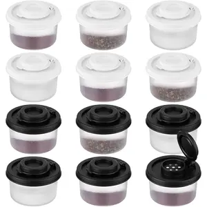 12 Pack Mini Moisture Proof Salt and Pepper Shakers Set with Plastic Airtight Lids Dispenser for Camping Picnic Outdoors Kitchen Lunch Boxes Travel (Black,White)
