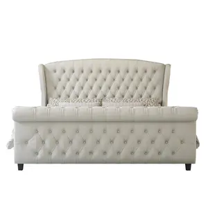 [MothersDayGift]VanAcc Platform Bed Frame, Velvet Upholstered Sleigh Bed with Scroll Wingback Headboard & Footboard/Button Tufted/No Box Spring Required/Easy Assembly#SummerVibes