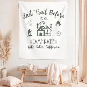 2D Flat, 1pc 2D Printing Camp Bachelorette Banner Custom Party Backdrop Glamping Tapestry Decor Personalized Sign for Bach Camping Weekend Lake Cabin Hiking Trip(40X60in)