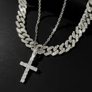 Iced Out Cross Pendant Necklace Moissanite Diamond Look Cuban Link Chain for Men Women, D Color VVS1 Sparkling Hip Hop Bling Necklace, Statement Unisex Streetwear Jewelry for Party Birthday Anniversary Gift Fashion Chain