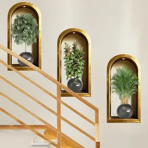 3-piece set, Nordic green plant themed simulated arched window flower basin wall sticker, self-adhesive removable decorative sticker, suitable for wall decoration in living rooms, dining rooms, and study rooms, Removable Window Decal, Home Decor