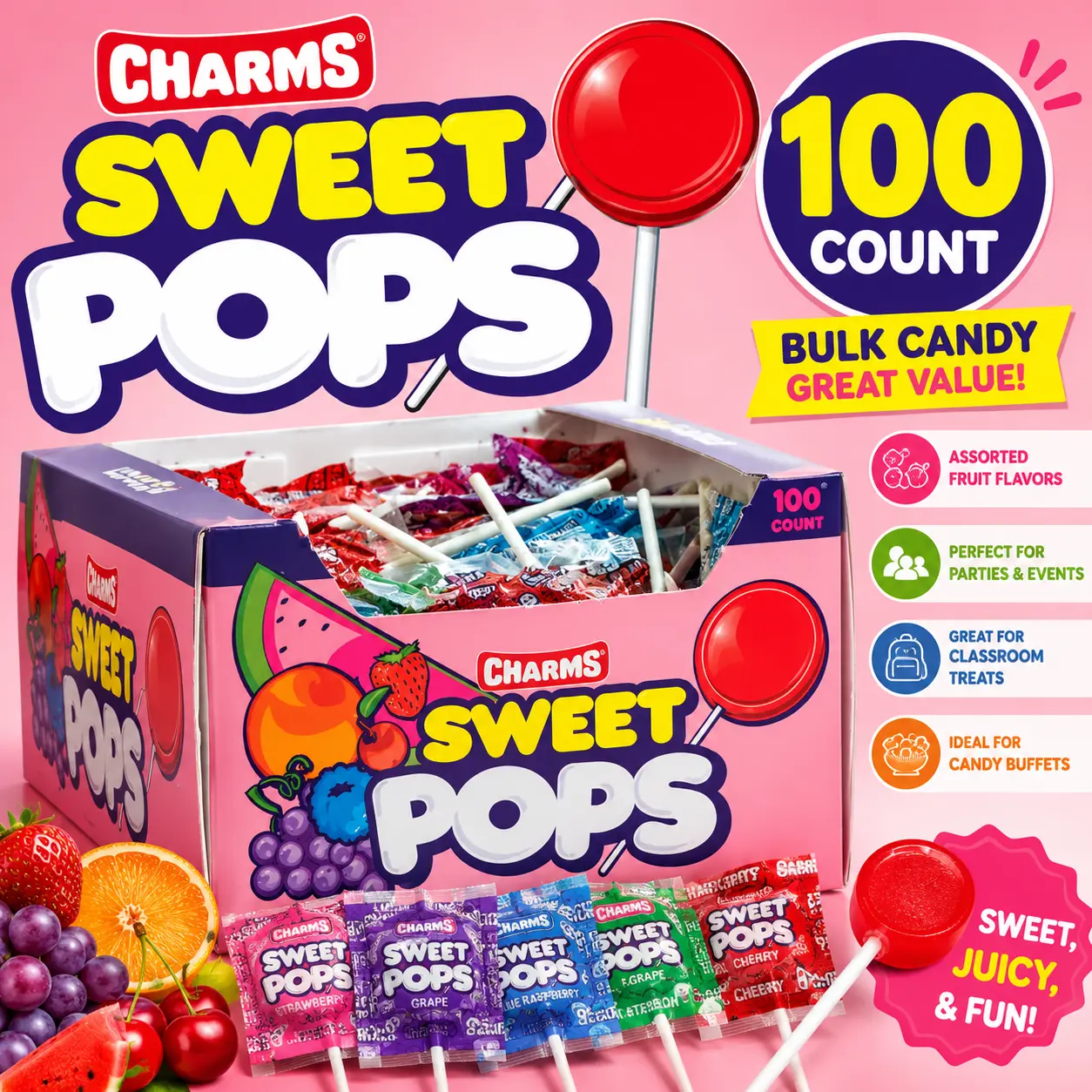 Charms Sweet Pops Assorted Lollipops 100 Count Tray  Classic Fruit Flavored Suckers | Bulk Candy for Parties, Classrooms & Candy Bowls
