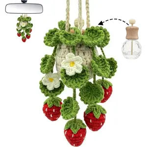 Crochet Car Air Freshener Hanging, Cute Hanging Plant for Cars, Crochet Strawberry Plant with 10ml Empty Refillable Oil Diffuser Bottle, Handmade Boho Car Ornament Charms for Rear View Mirror, Red