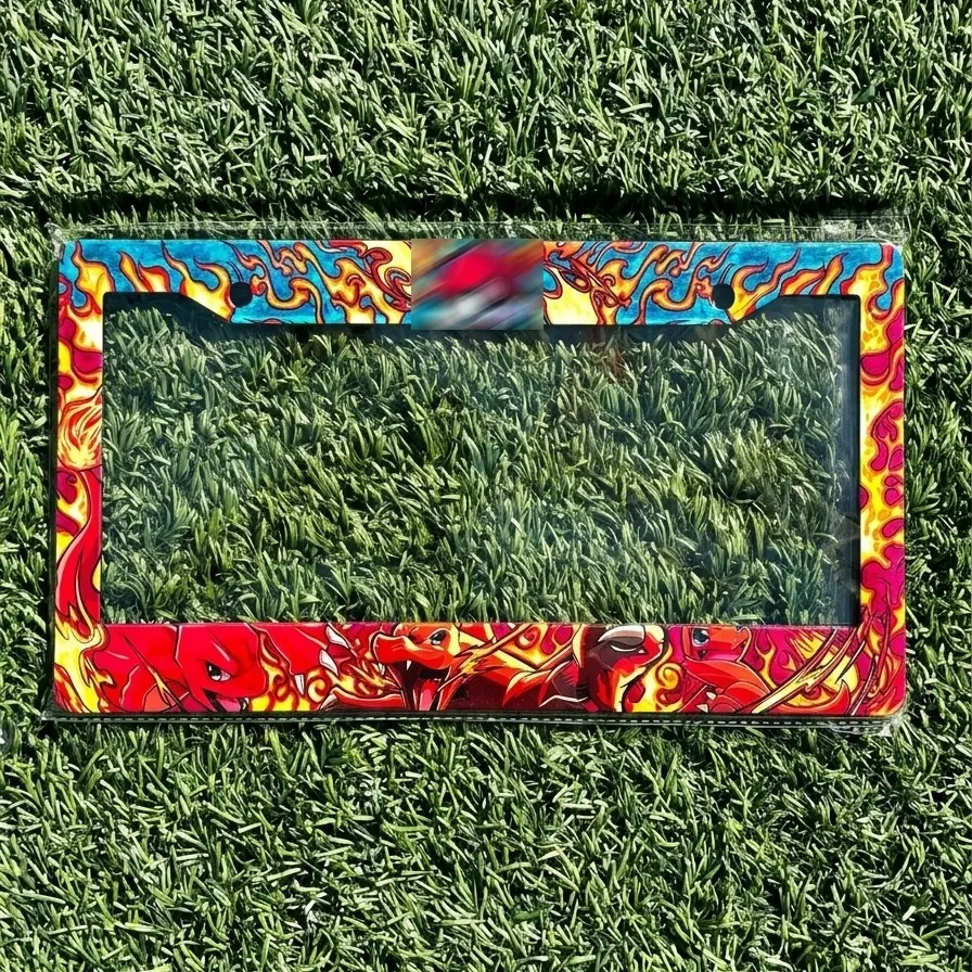 Fire Dragon License Plate Frame, Flame Monster Car Plate Holder, Red Blue Anime Inspired Auto Accessory, Retro Gaming Style License Plate Cover, Fire Creature Fan Gift, PKM