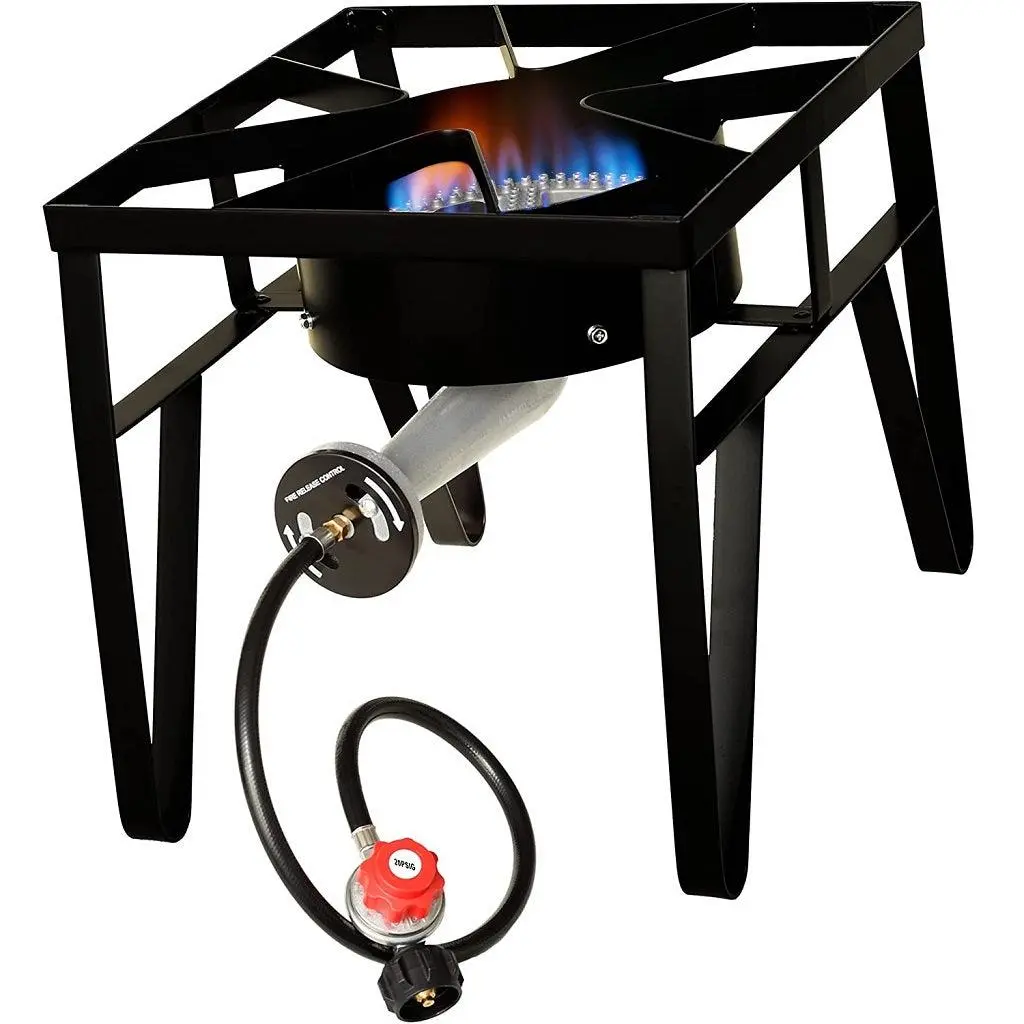 Flame King Heavy Duty 200K BTU, 0-20 PSI, Propane Gas Single Burner Bayou Cooker Outdoor Stove for Home Brewing, Turkey Fry, Maple Syrup Prep, Cajun Cooking, Black