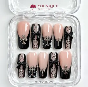Younique Nails | MY Studio | Midnight Charm  | 10PCS 100% Handmade Press-On Nails | Reusable Colorful Art Glossy Design Acrylic Luxury Long Lasting 3D Stylish Office Wear Floral Embellished Rhinestone salon-quality