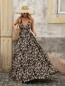 Women's All Over Print Leopard Criss Cross Backless Fitted Cami Dress, Boho Sleeveless Maxi Dress for Beach Holiday Vacation, suitable for all seasons