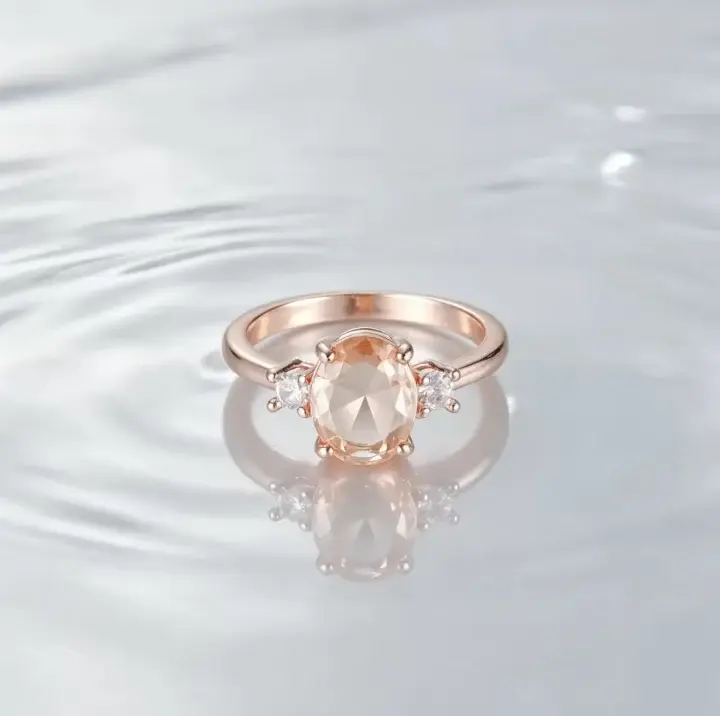 Women's Rose Gold-Tone 3-Stone Oval Champagne Ring - Dainty Elegant Promise Ring, Ideal Gift for Wedding Anniversary or Birthday