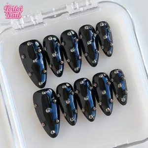 Midnight Shine Handmade Press-On Nails, Almond Fake Nails, Long Almond Shape, 10pcs, Edgy Y2K Midnight Design, Glossy Black & Silver Stud Accents, Reusable DIY Nail Kit, Trendy Nails for Spring, Summer & Daily Wear, Edgy Y2K Look
