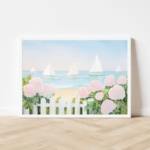 Sailboats and Hydrangeas Seascape Print: Coastal Pastel Wall Art, Home Decor Wall Art, Casual Style, Easy Care, Machine Wash Safe