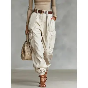2026 Spring Women'S Beige Cargo Pants High Waist Multi-Pocket Baggy Joggers Streetwear Casual Workwear Trousers Loose Casual Long Pants For Women