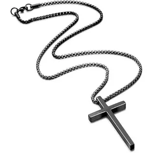 Fashion Men's Cross Necklace Silver Black Gold Stainless Steel Plain Pendant Box Chain 16-30 Inch Flexible Lobster Clasp