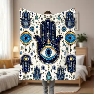 Blanket Flannel Ultra-Soft and Warm Throw, Blanket for Couch, Bed,  And White Hamsa Design, , Machine Washable, office student dormitory nap blanket home sofa cover blanket, Cozy Gift Idea  Skin-friendly, soft, lightweight and breathable