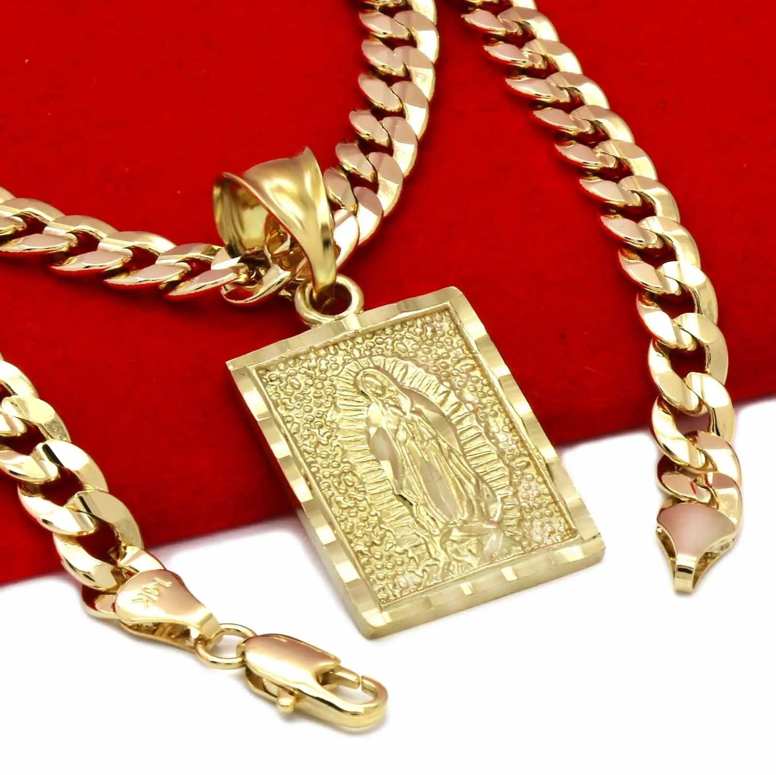 MaxBling81 Guadalupe Virgin Mary High-End Brass Pendant with 14K Stamped 5mm 20"/24" Cuban Chain, Hip Hop Fashion Costume Jewelry Necklace, Hip Hop Necklace, 20"/24" Chain Length