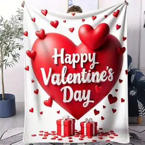 Valentine'S Day Themed Printed Facecloth Blanket, Printed With “Happy Valentine'S Day” In White Letters, Q Version of Cartoon Style, Soft and Cozy, Suitable For All Seasons