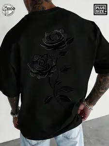 Men's Plus Size 100% Cotton Black Rose Gothic Floral Graphic Oversized T-Shirt, Suitable for Streetwear and Gothic Styles,Dark Aesthetic Streetwear Short Sleeve Crew Neck Tee for Summer Daily Casual Wear