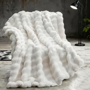 Faux  Throw Blanket for Couch, Soft Fuzzy Plush Thick Bubble   Blanket for Sofa Bedroom Living Room, 50 * 70 Inches Cream White